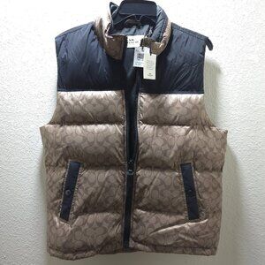 Coach Mens Signature Puffer Vest Size L Brown Monogram Logo Goose Down NWT